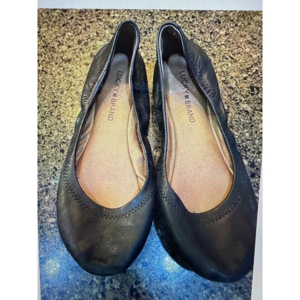 Lucky Brand Emmie Black Leather Ballet Flats Round Toe Slip On Shoes 8.5M